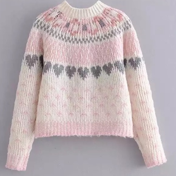 Cardigan sweater heart pink white rose button knit boho women thick - Picture 5 of 7